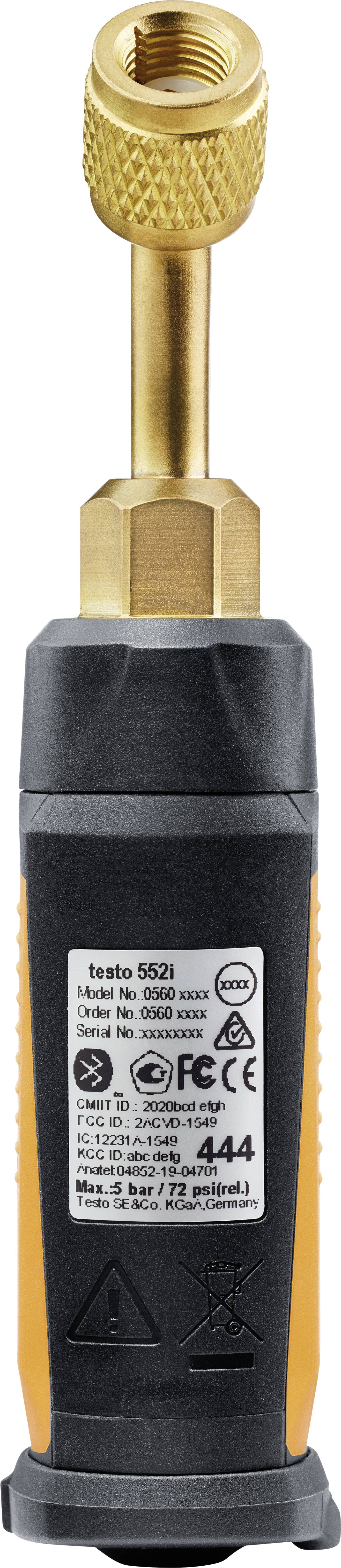 Vacuümmeetapparaat met messing aansluiting en gerubberde handgreep. Etiket toont merklogo en technische specificaties.