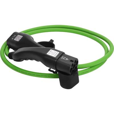 Een zwart oplaadkabel voor elektrische voertuigen met een groen kabel is opgerold weergegeven.