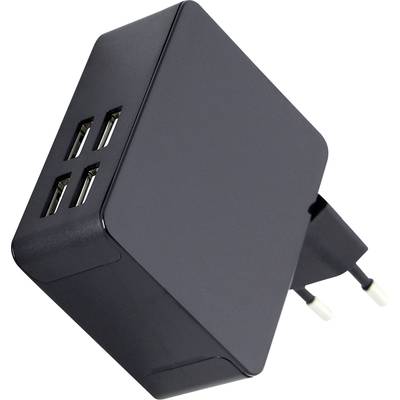 Een zwarte USB-oplader met vier USB-poorten en een uitklapbare stekker. Ideaal voor het gelijktijdig opladen van meerdere apparaten.
