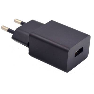 Zwart USB-oplader met Europees stekkertype en één USB-poort, geschikt voor het opladen van mobiele apparaten.