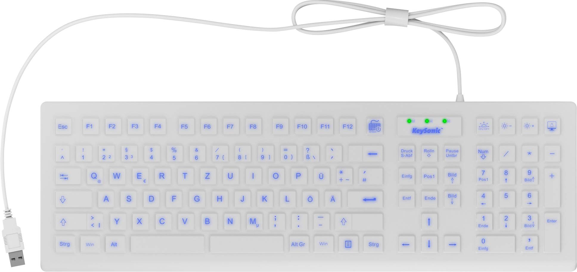 Keysonic KSK-8031INEL-Wh Toetsenbord Kabelgebonden QWERTZ, Duits Wit Verlicht, USB-aansluiting, Stofdicht, Spatwaterdich-1