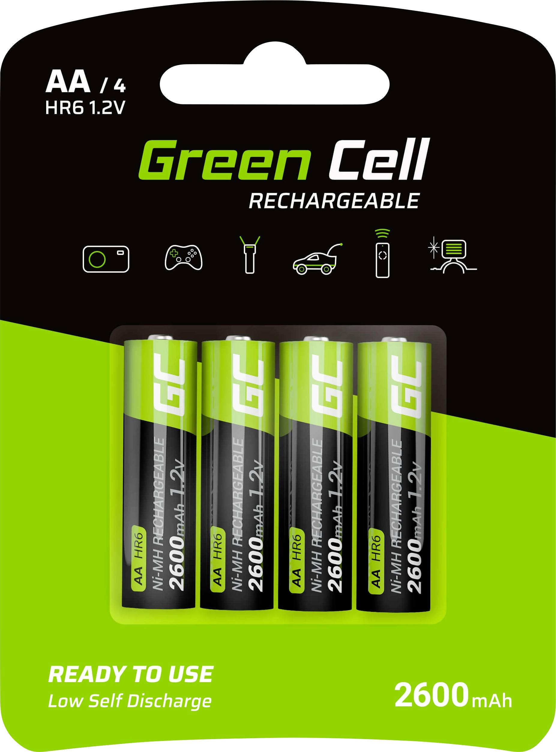 Vier herlaadbare AA-batterijen van het merk Green Cell met een capaciteit van 2600 mAh, verpakt voor apparaten zoals camera's en gameconsoles.