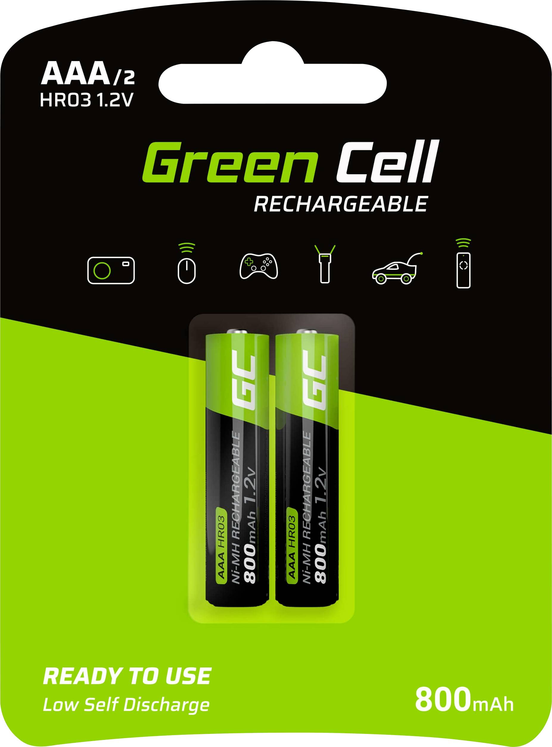 'Twee AAA-batterijen, oplaadbaar, merk Green Cell, 800 mAh, verpakt. Geschikt voor apparaten zoals camera's en afstandsbedieningen.'
