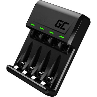 Zwart oplaadstation met vier laadposities en LED-indicatoren die de batterijstatus weergeven.
