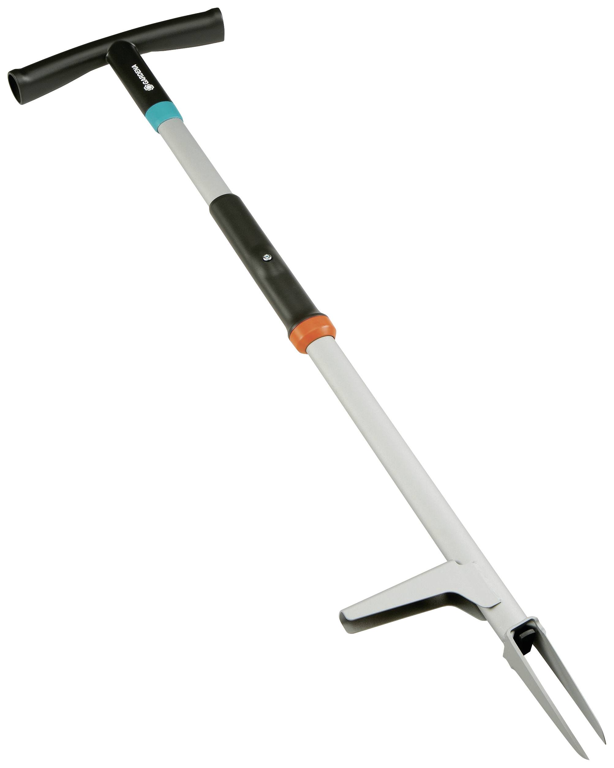 Tuingereedschap met een lange steel en twee metalen tanden voor moeiteloos onkruid verwijderen uit de grond.