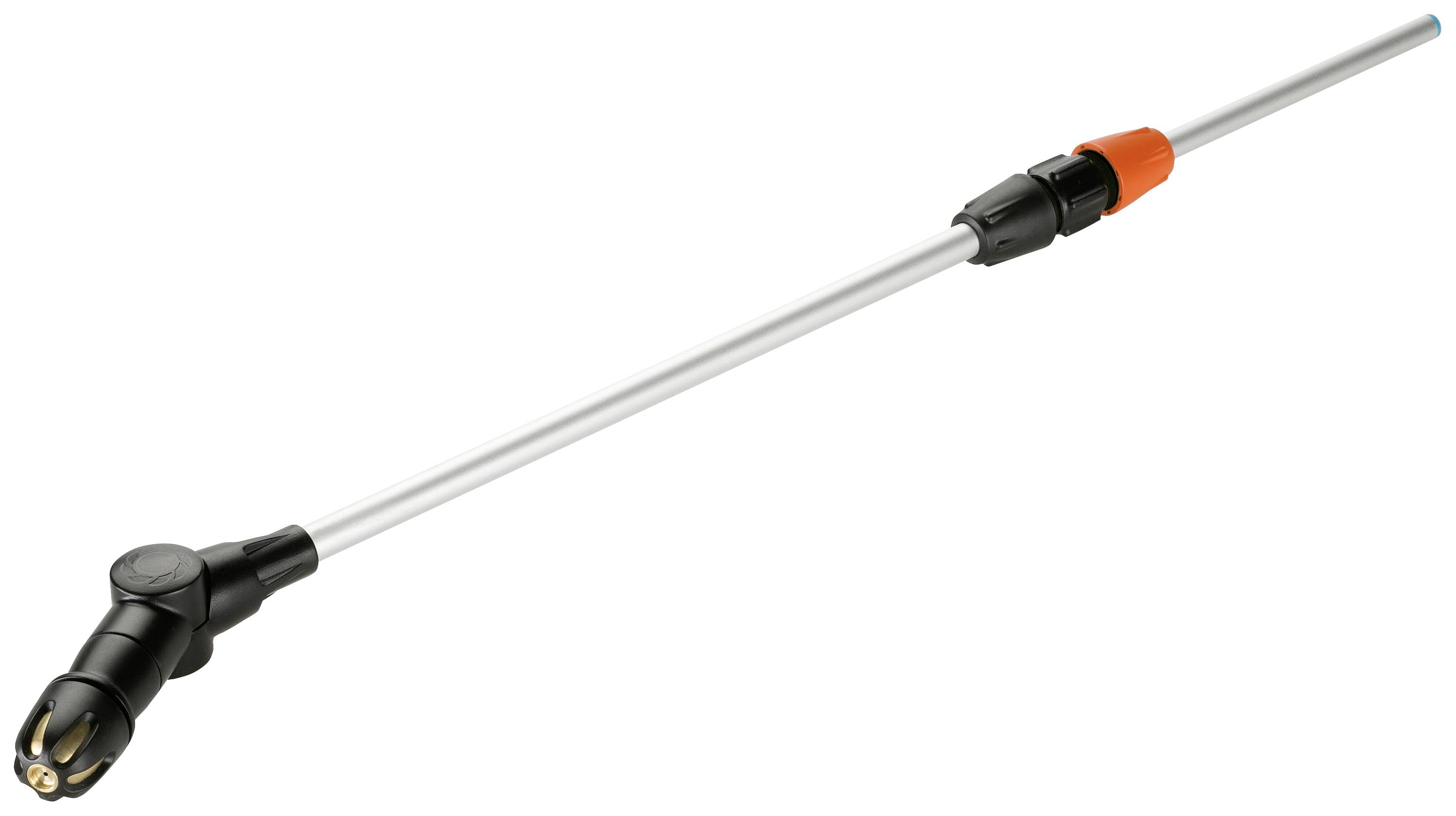 Een lange, zilveren sproeikop met een zwart uiteinde en oranje detail. Gebruikt voor het bewateren van tuinen.