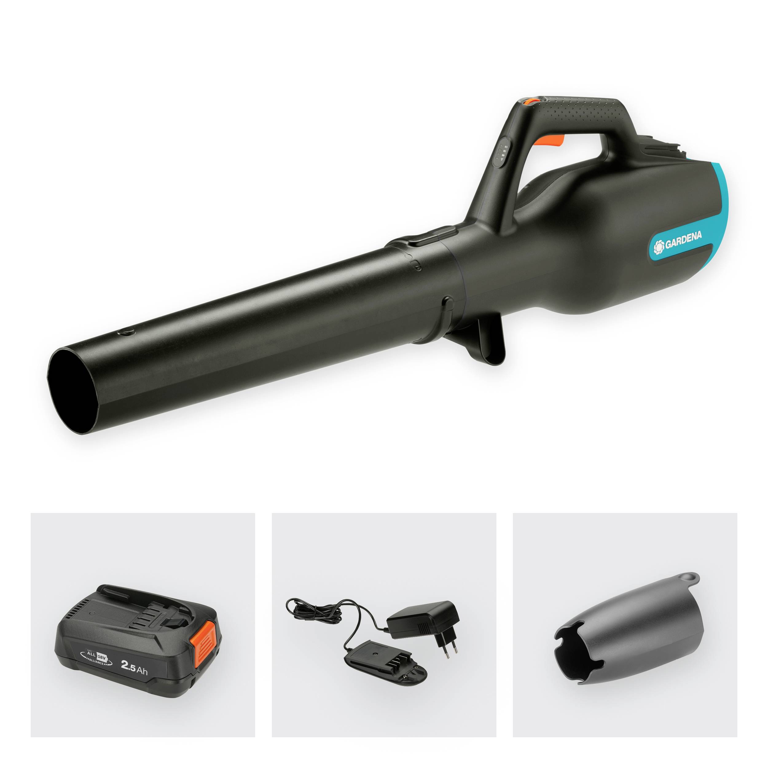 Een zwarte bladblazer van het merk Gardena met een oranje handgreep. Onderaan zijn accessoires zoals accu, oplader en mondstuk afgebeeld.