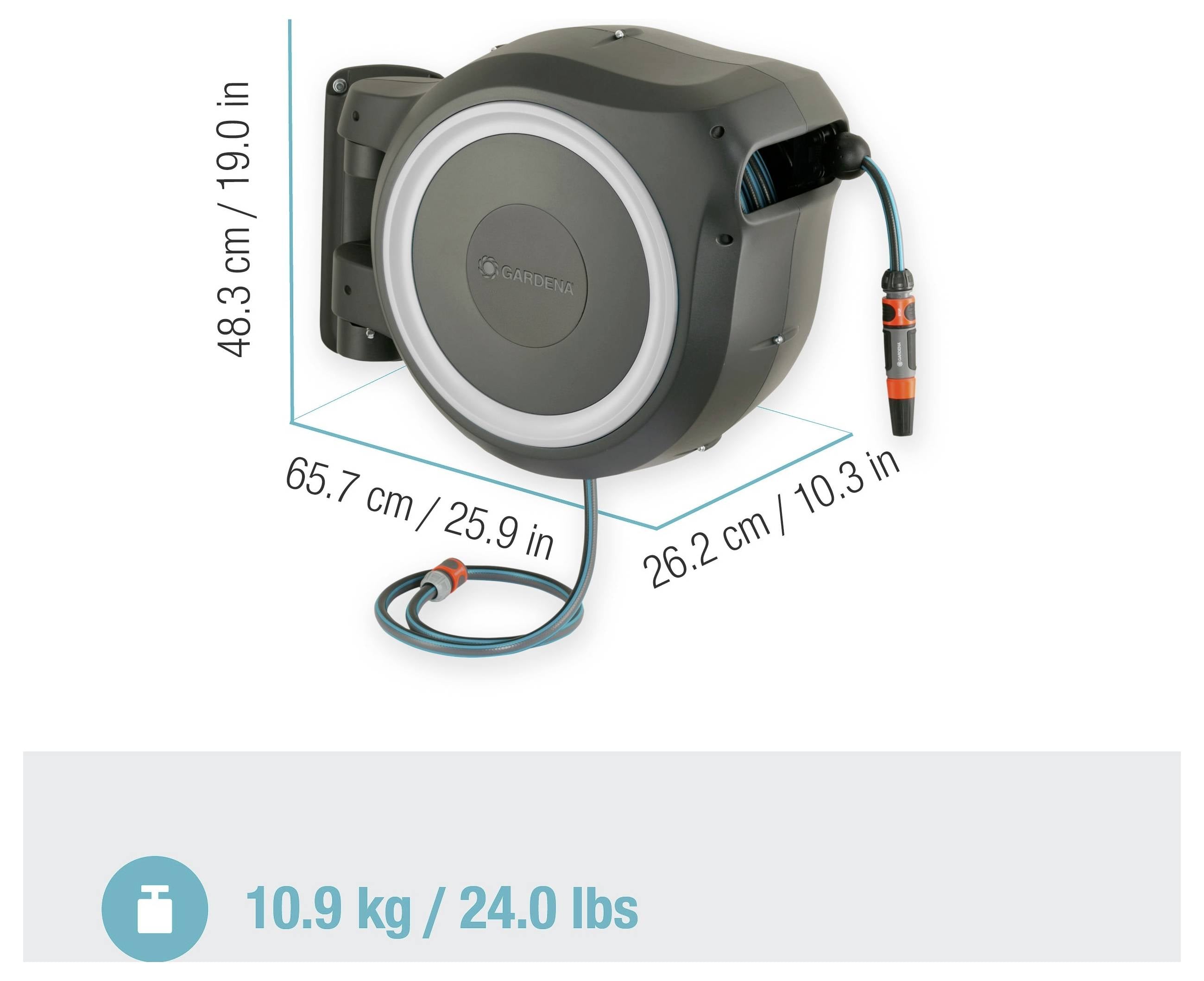 'Automatische slanghaspel met afmetingen: 48,3 cm (19,0 in) hoogte, 65,7 cm (25,9 in) breedte, 26,2 cm (10,3 in) diepte, gewicht 10,9 kg (24,0 lbs).'