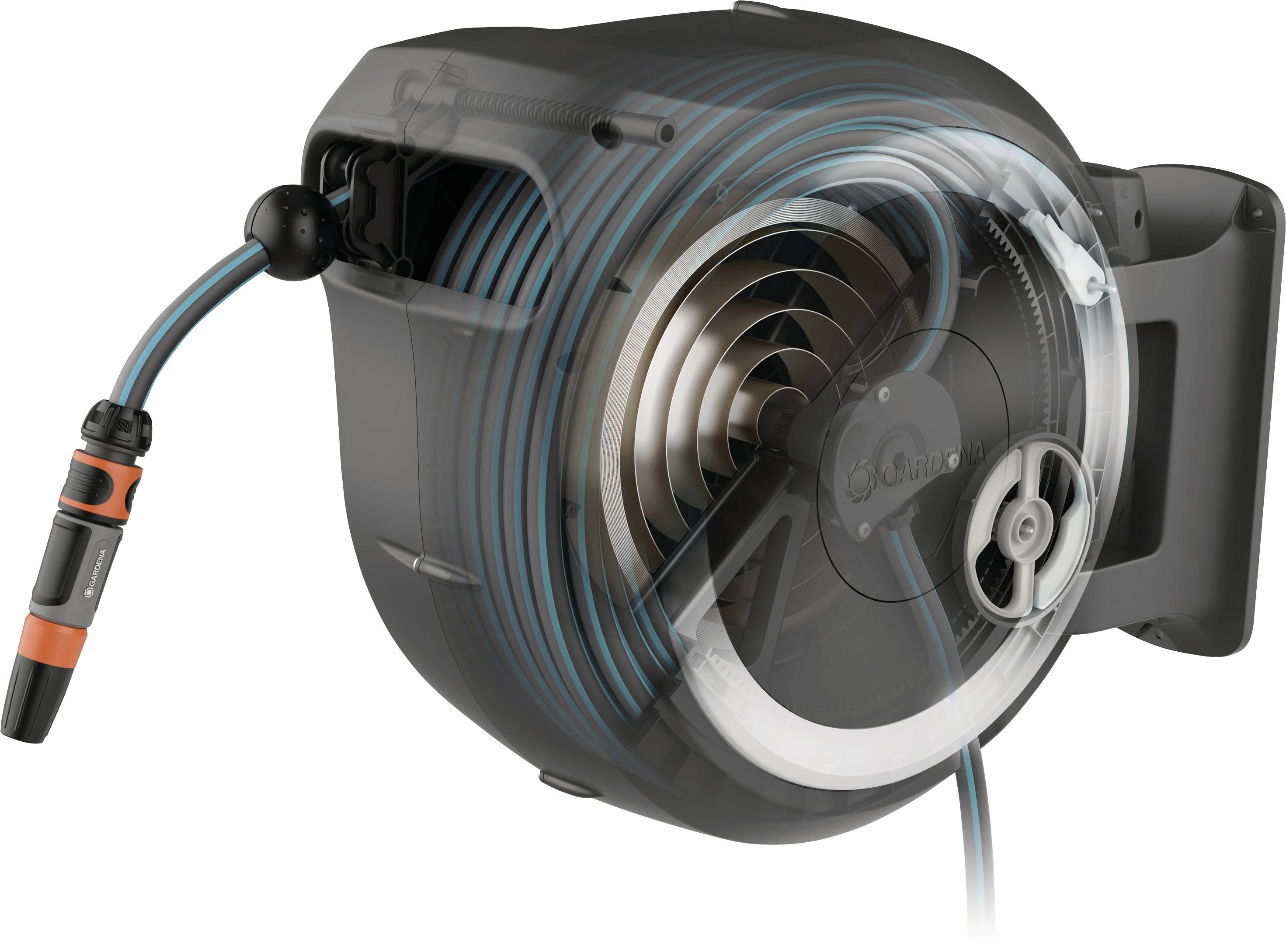 Tuinslanghouder met automatisch oprolfunctie en mondstukverbinding, geschikt voor besproeiing in de tuin.