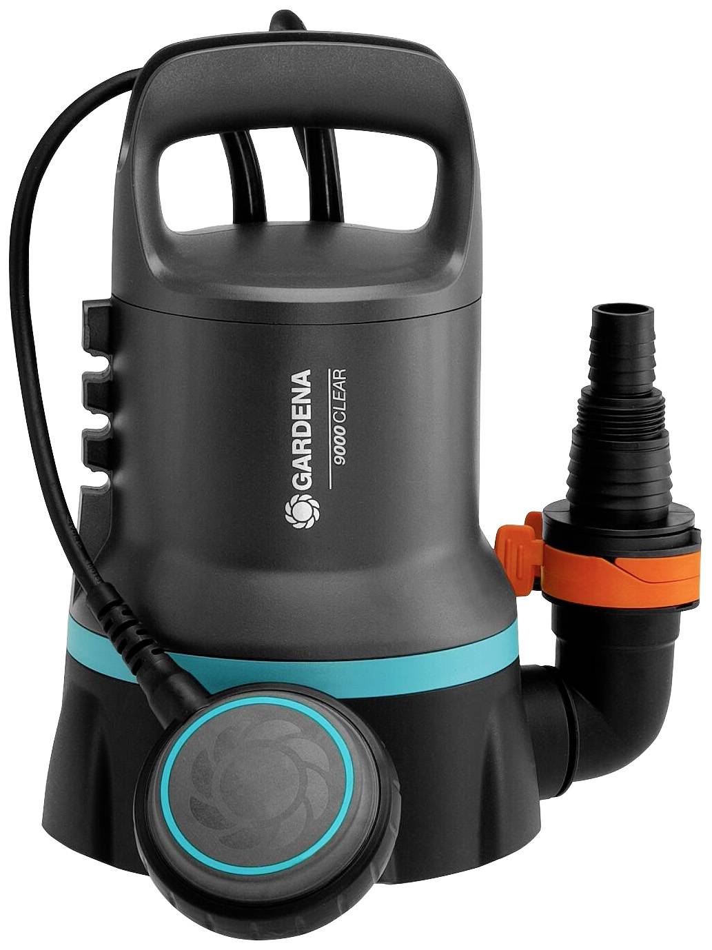 Een zwarte dompelpomp van het merk Gardena met een blauwe ring en oranje ventiel. Hij is geschikt voor het wegpompen van helder water.
