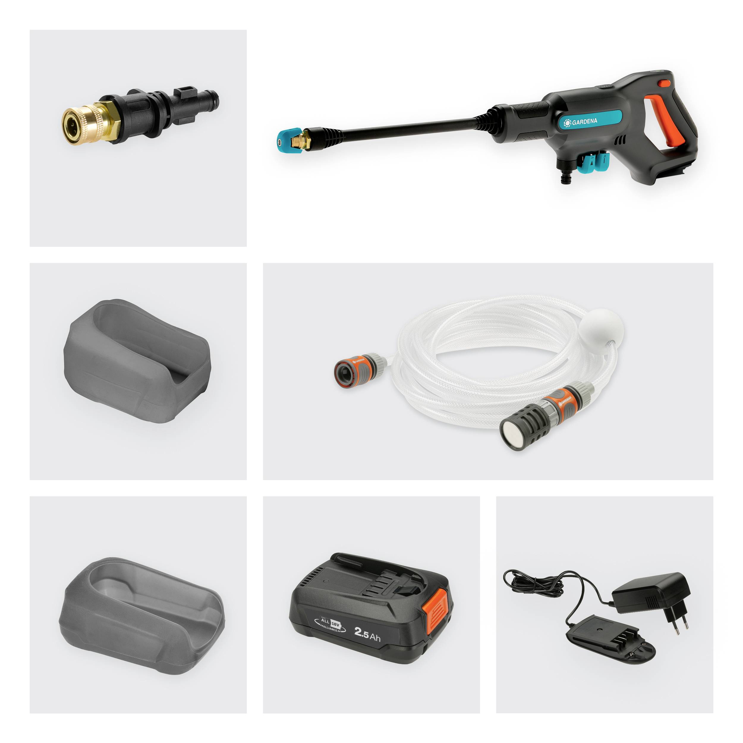 De afbeelding toont een draagbare hogedrukreiniger met verschillende accessoires. Links bovenaan bevinden zich adapters, onderaan een batterij en een oplader.