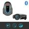 Een Gardena-robotmaaier met Bluetooth-logo die een tuin in een diagram maait. Symbolen tonen functies zoals weersbestendigheid.
