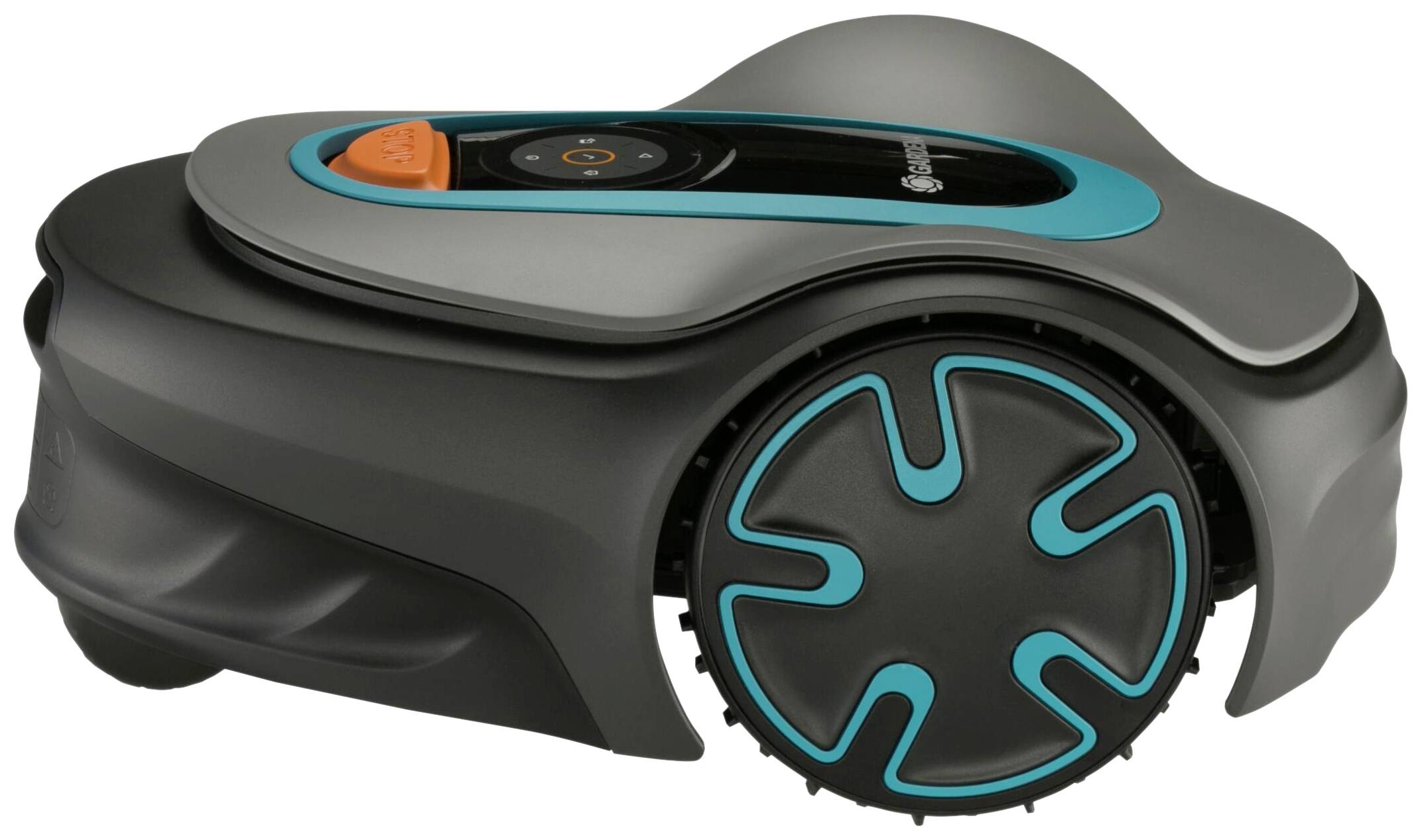 Een grijze en blauwe robotmaaier met een digitaal bedieningspaneel en grote wielen voor het automatisch maaien van een tuin.