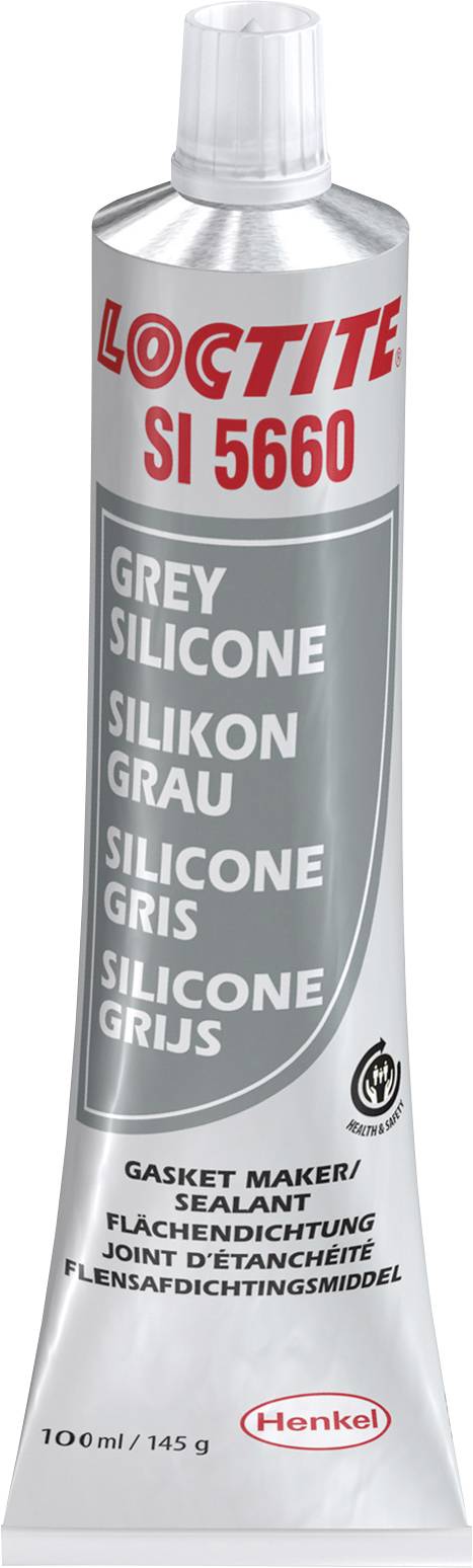 Een tube met grijs Loctite siliconen afdichtmiddel, model SI 5660. Bevat 100 ml. Geschikt voor oppervlakteafdichtingen.