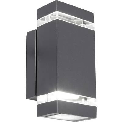 Zwarte, rechthoekige wandlamp met lichtuitstraling naar boven en beneden, geschikt voor moderne binnen- of buitenruimtes.