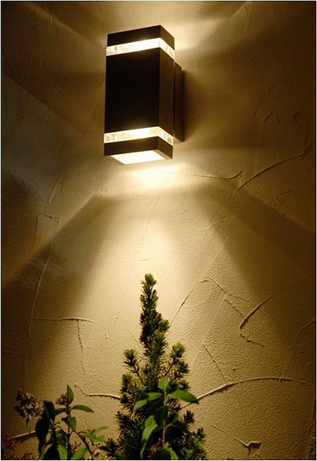 Wandlamp in modern design straalt warm licht dat een eenvoudige muur verlicht. Eronder zijn groene planten te zien.