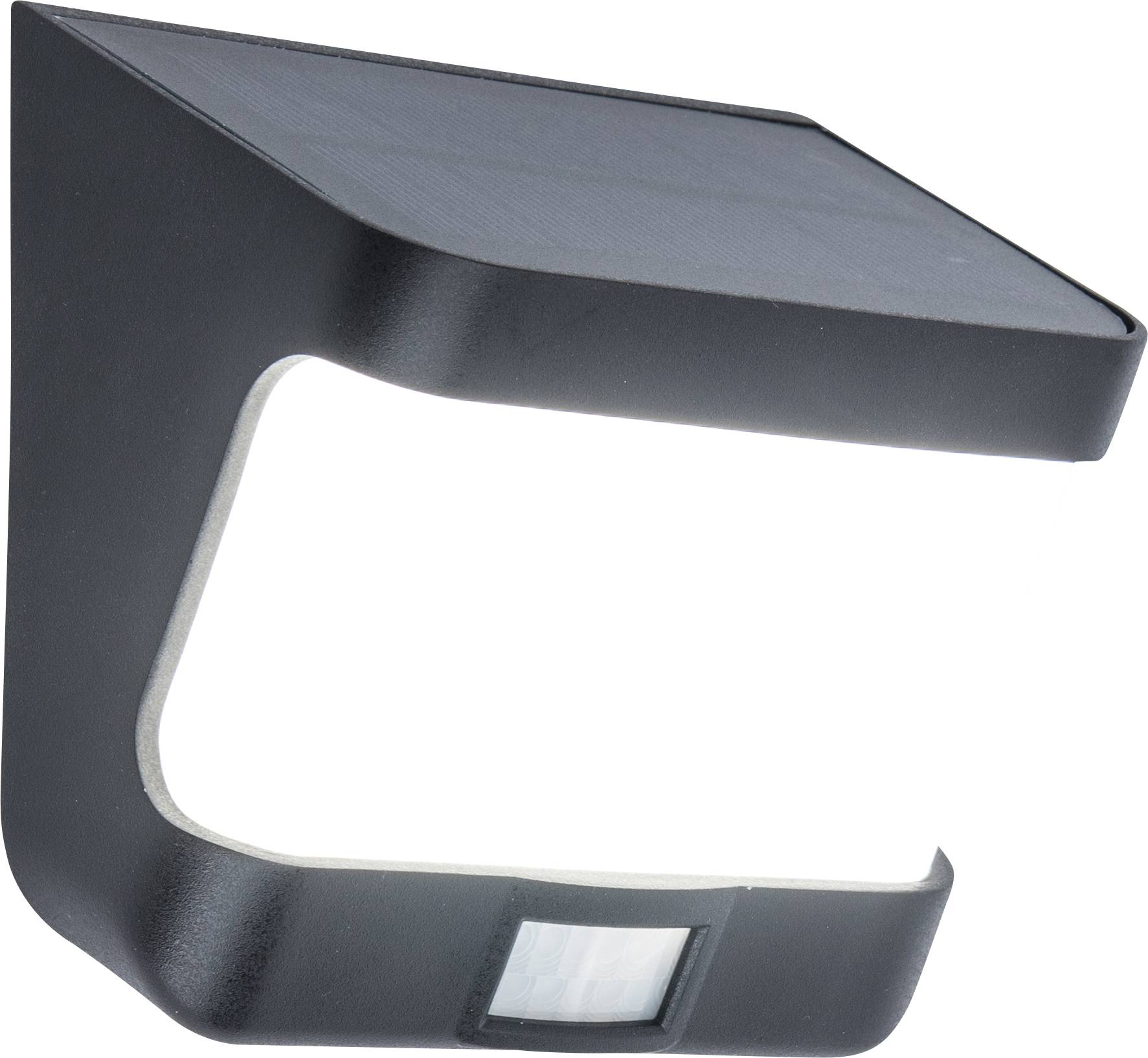 Zwarte solar wandlamp met geïntegreerde bewegingssensor, geschikt voor buitenverlichting. Hij heeft een rechthoekige vorm.