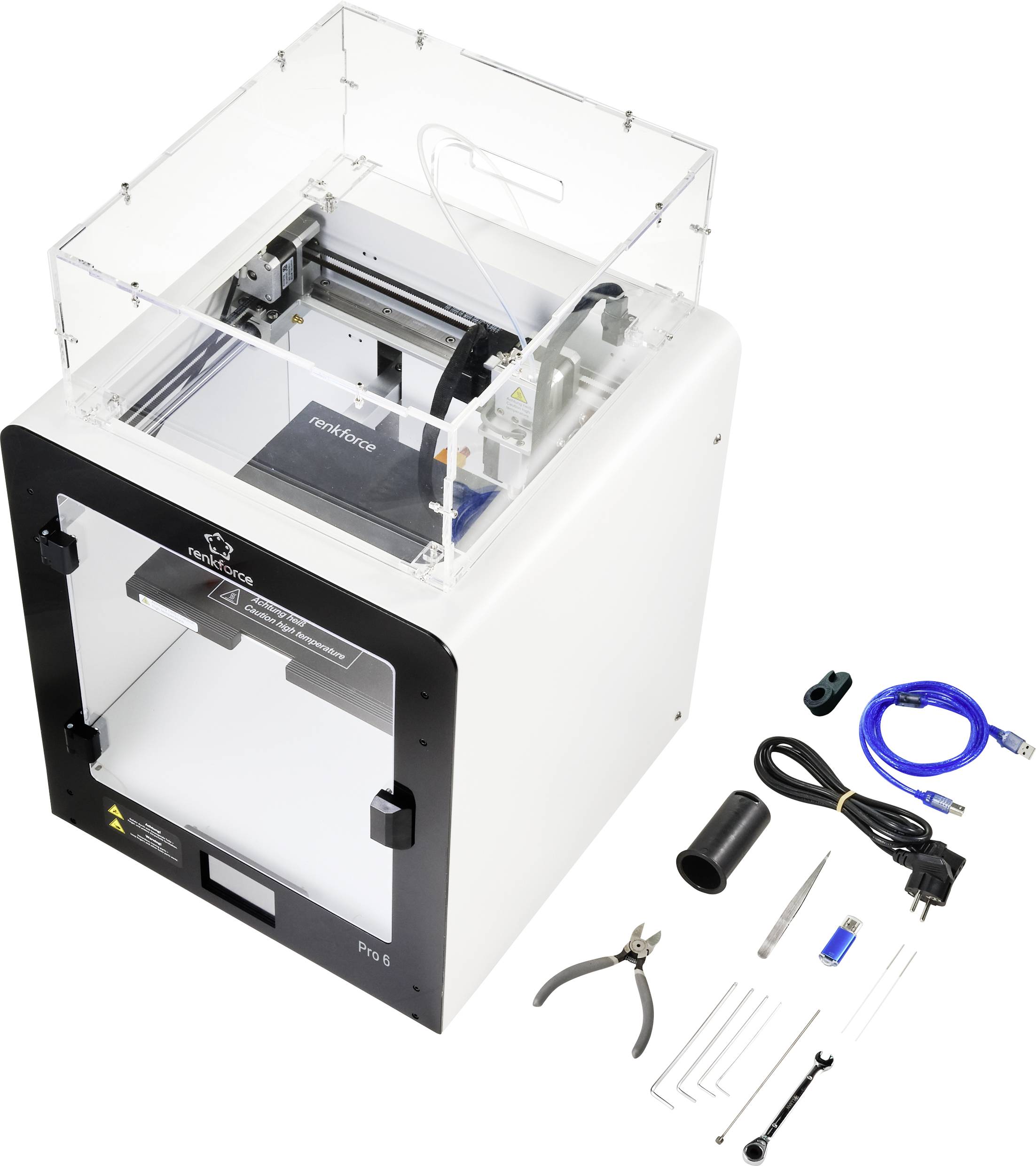 Een 3D-printer met een afneembare behuizingsdeksel naast gereedschappen en toebehoren, waaronder een kabel, schroevendraaier en tang.