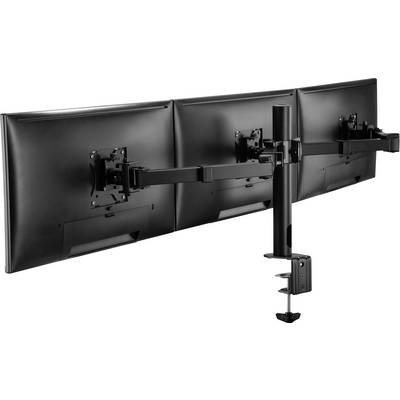 Drie naast elkaar gemonteerde zwarte schermen op een verstelbare monitorarm, bevestigd aan een tafel.