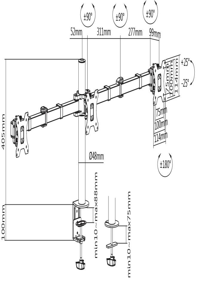 Diagram van een monitorstandaard: Toont de afmetingen van de standaard, hoogte- en kantelstanden alsmede montage-opties voor twee beeldschermen.
