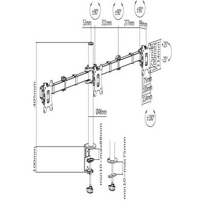 Diagram van een monitorstandaard: Toont de afmetingen van de standaard, hoogte- en kantelstanden alsmede montage-opties voor twee beeldschermen.