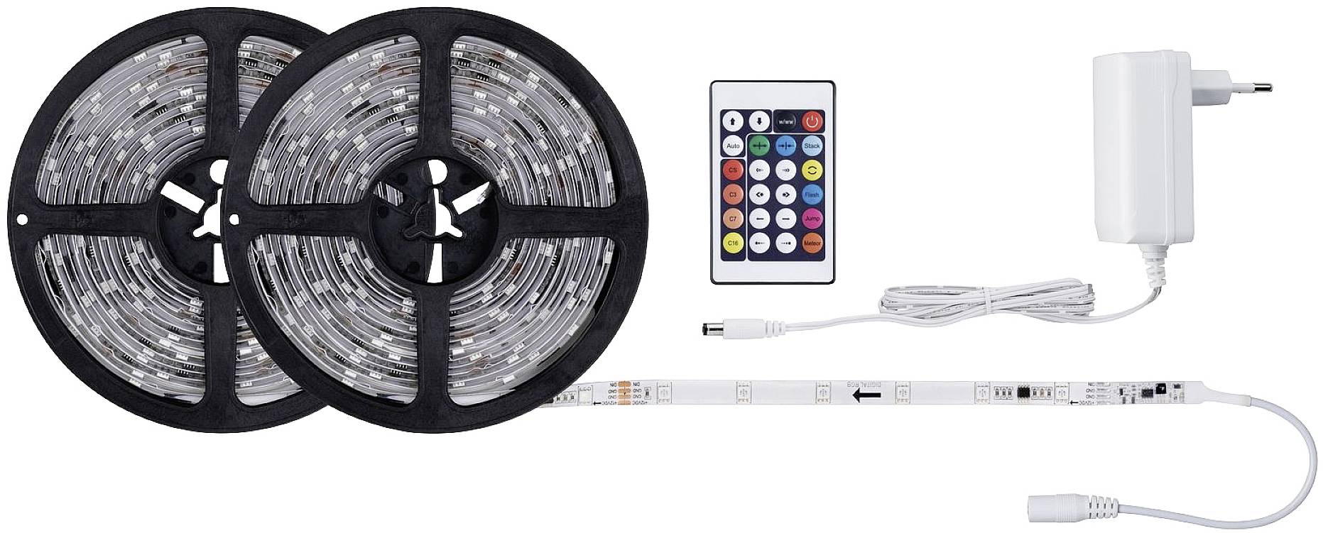 'LED-strip' met afstandsbediening en voedingsadapter, toont twee rollen met verlichting en een afstandsbediening met kleurrijke toetsen voor bediening.