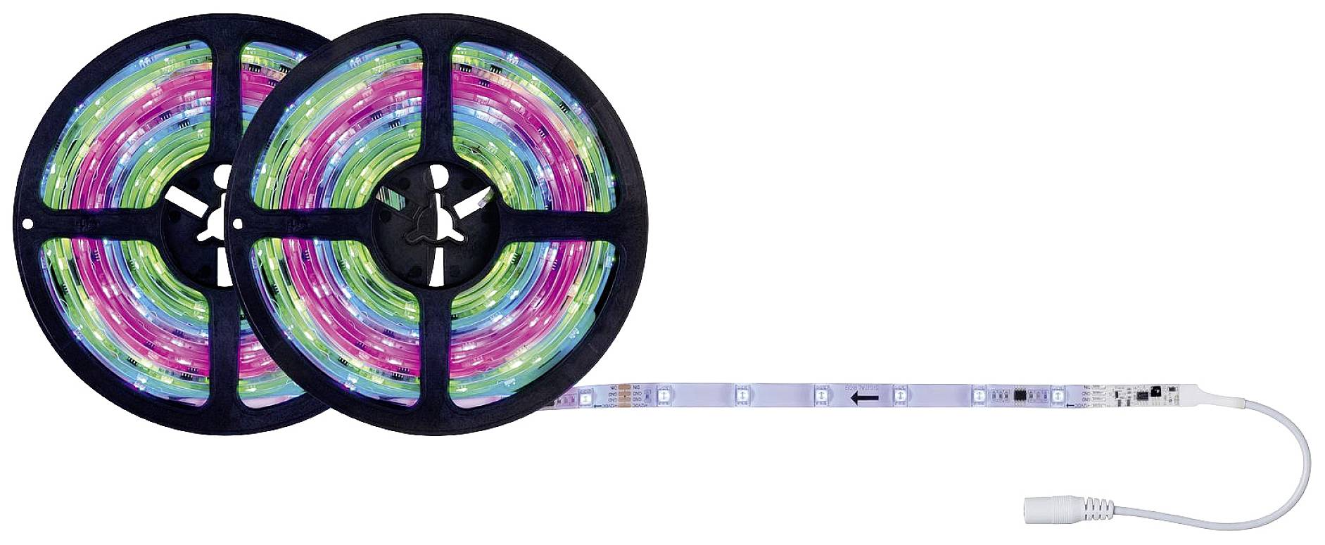 Twee rollen led-lichtstrips die oplichten in verschillende kleuren, verbonden met een wit snoer aan de rechterkant.