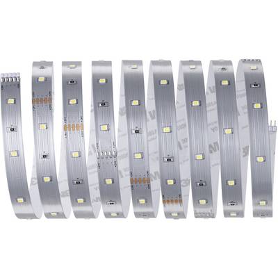 Een LED-strip in zilverkleurige tint met gelijkmatig verdeelde LED-lampen op het oppervlak. De strip is gerangschikt in een verticale lus.