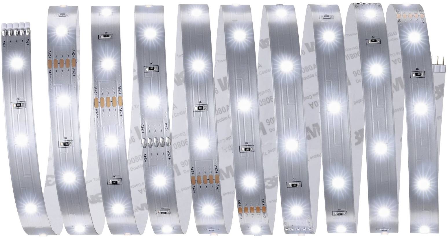 Witte LED-lichtstrips in een gebogen patroon. Ze schijnen helder en gelijkmatig, geschikt voor decoratieve verlichting.