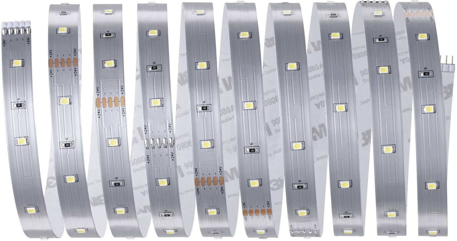 Meerdere LED-strips met gelijkmatige tussenruimtes, die kleine, regelmatig geplaatste lichtdiodes bevatten.