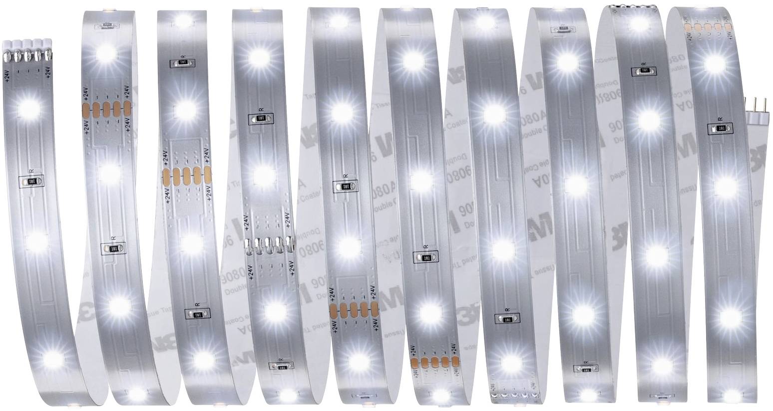 Lichtgevende LED-strips op een rij gerangschikt, tegen een witte achtergrond. De strips vertonen gelijkmatig verspreide lichtpunten.