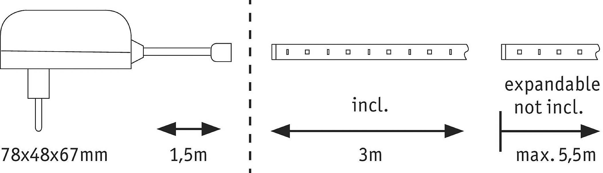 'Diagram toont laadstation en kabel: Stekker (78x48x67mm), kabel 1,5m. Bevat 3m uitbreidbaar. Maximale lengte: 5,5m.'