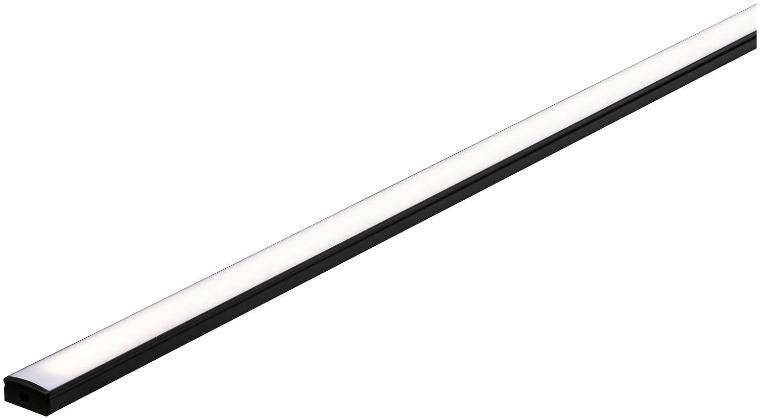 Een smalle LED-lichtstrip met zwarte rand, die van links naar rechts verlicht. Vaak gebruikt voor onderlichtingen of accentverlichting.