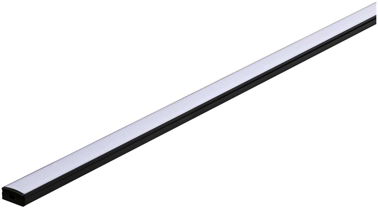 Een zwarte LED-strip met een witte lichtdiffuser, lang en smal.