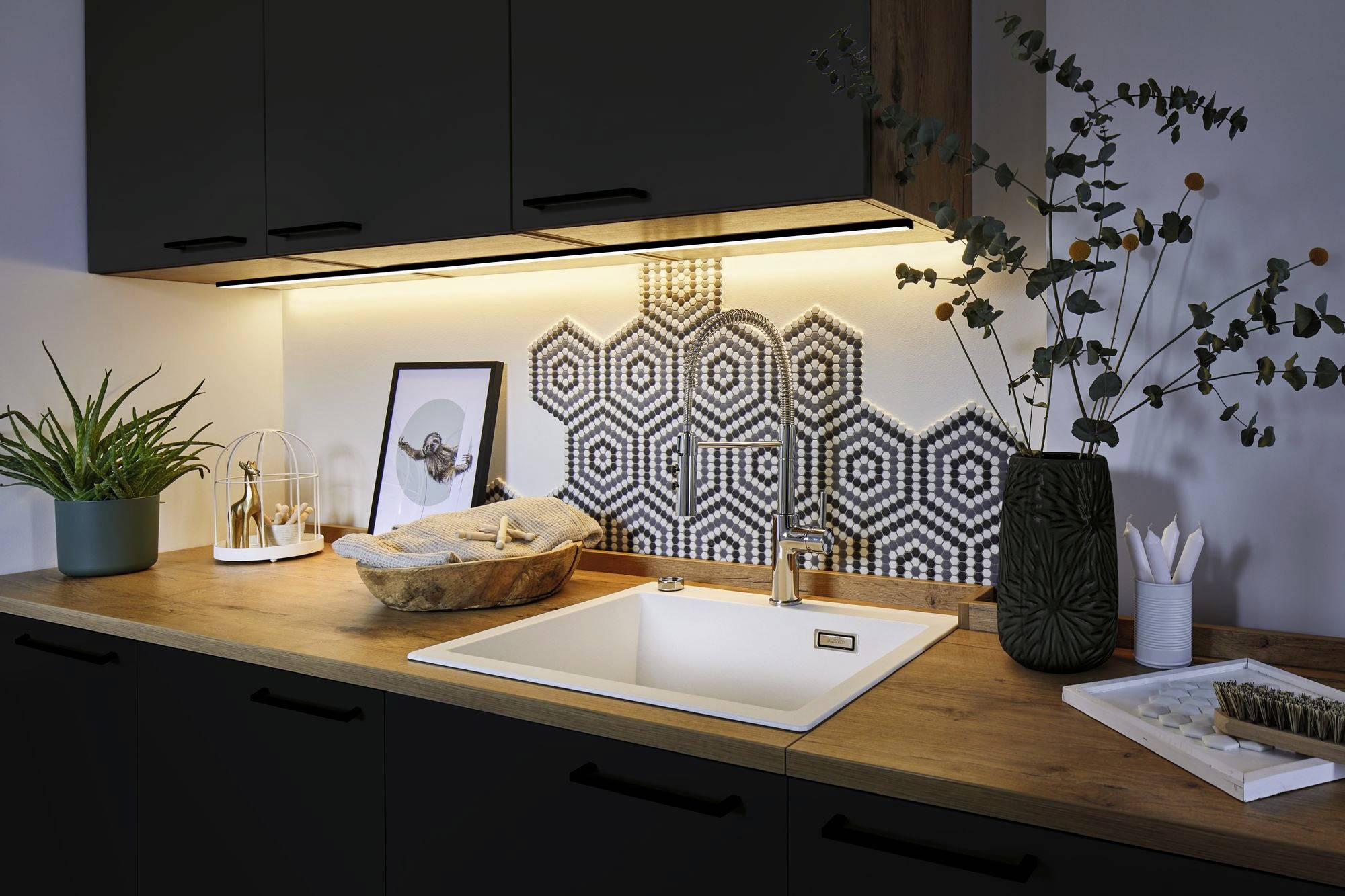 Moderne keuken met een wit spoelbak, houten werkblad en geometrisch tegelpatroon aan de muur. Decoraties met planten.