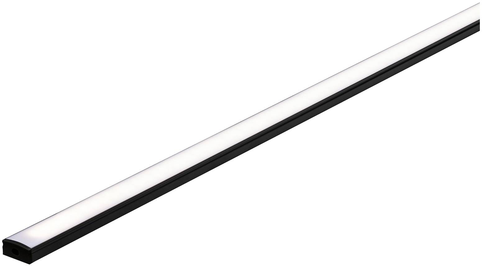 Een lange, smalle LED-lichtbalk met zwarte omlijsting. Ideaal voor subtiele verlichting in moderne binnenruimtes.