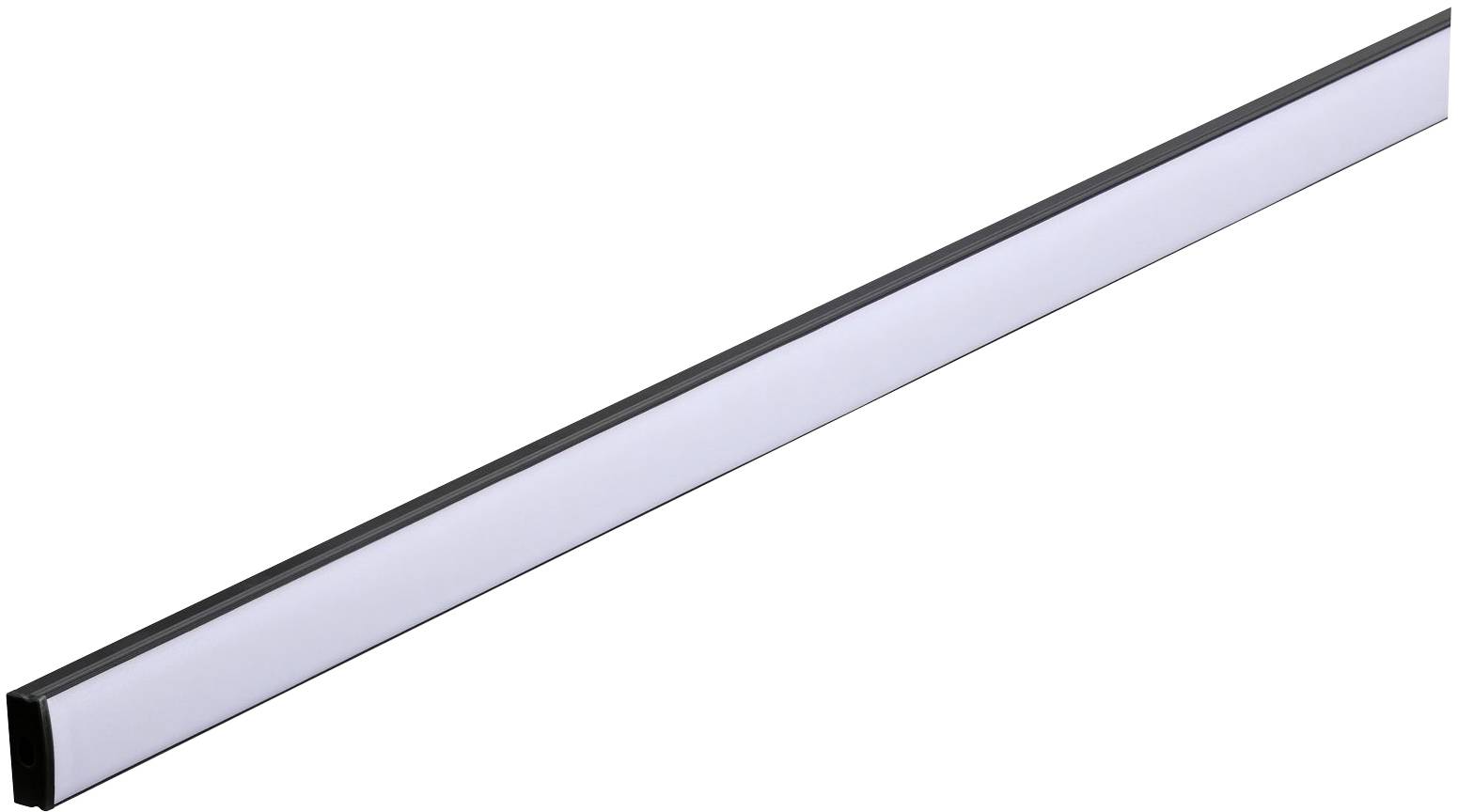 Lang, smal LED-lichtprofiel met zwarte rand en wit verlichtend oppervlak, geschikt voor moderne verlichtingsoplossingen.