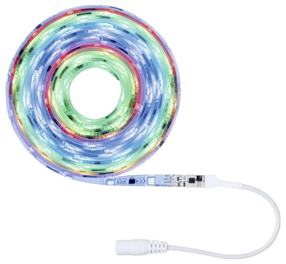 Kleurrijk verlichte LED-strip, opgerold, met aansluitkabel. Ideaal voor decoratieve ruimteverlichting.