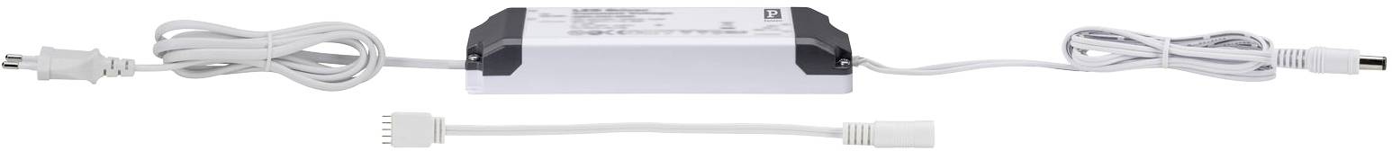 Wit elektrisch voedingsapparaat met twee kabels aan de uiteinden en een kleiner verbindingskabel eronder. Geschikt voor LED-strips.