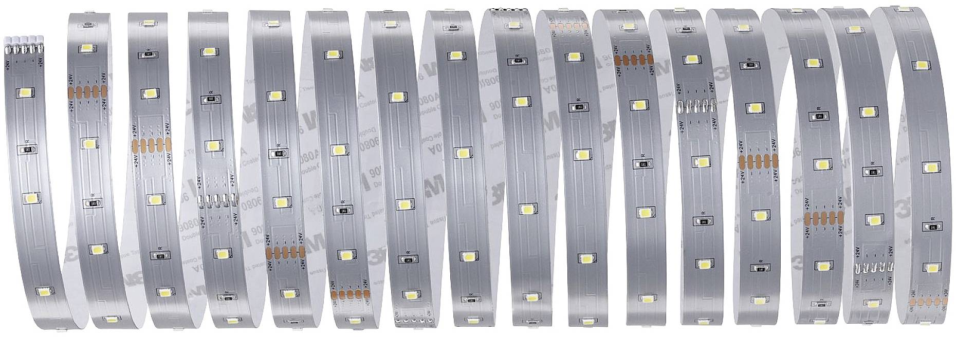 Een LED-lichtstrip in zilverkleur, meerdere malen gevouwen. De strip toont regelmatig gerangschikte, gele LED-dioden.