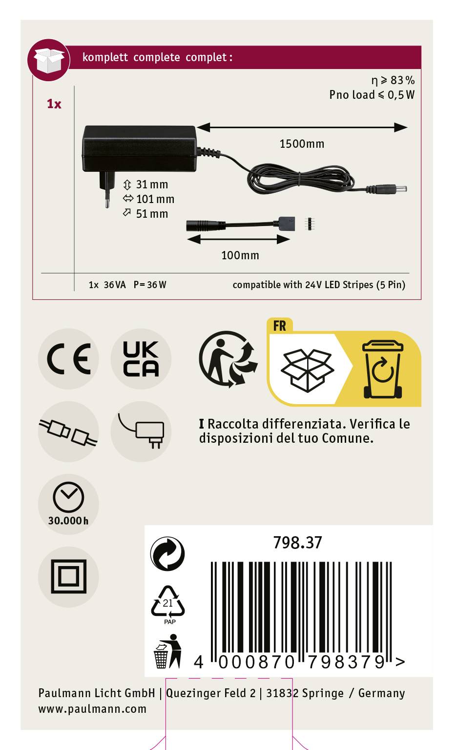 Afgebeeld is een voedingsadapter met kabel, compatibel met 24V LED-strips. Afmetingen: 31mm x 101mm x 51mm. Kabellengte: 1,5m.