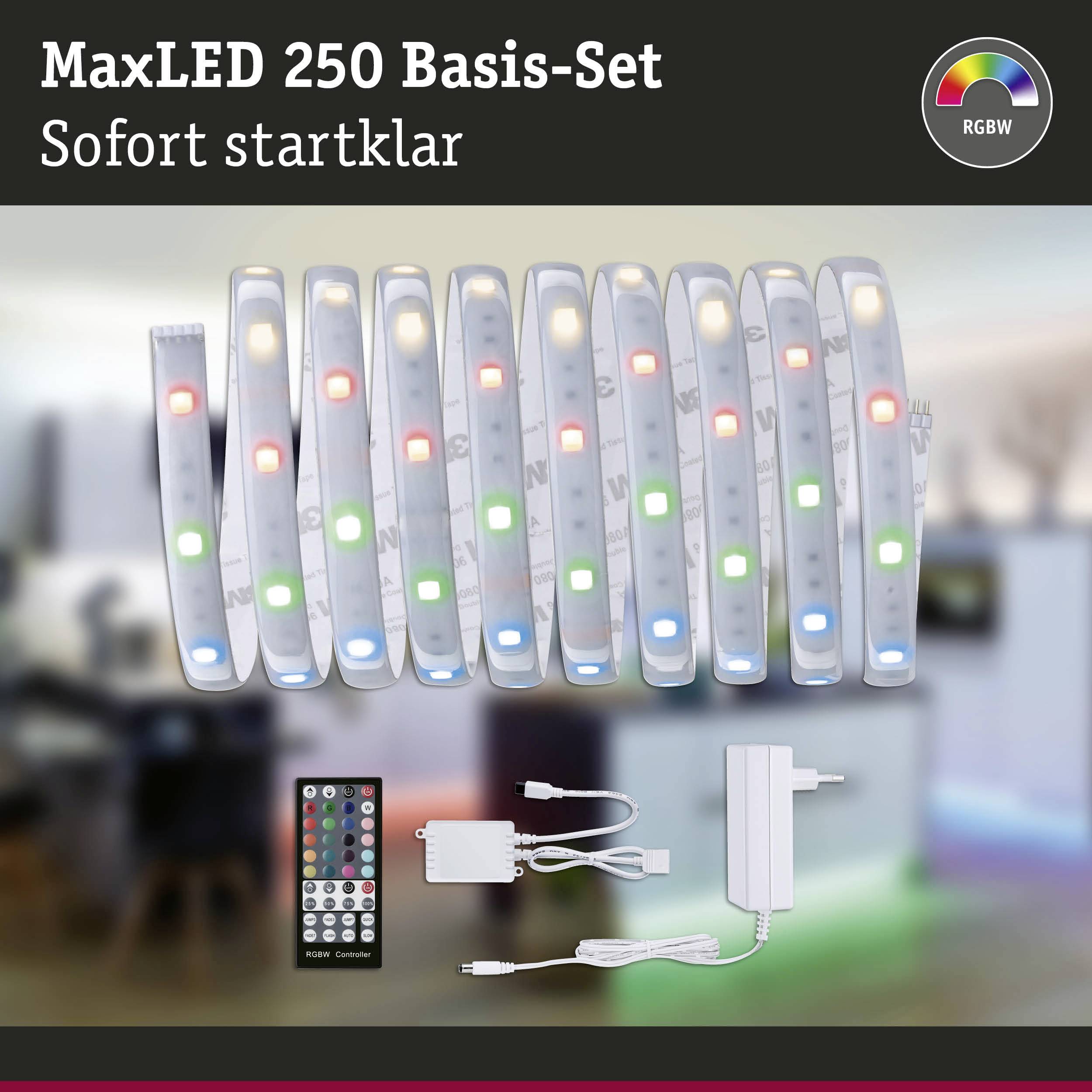 MaxLED 250 Basisset met LED-lichtstrips, afstandsbediening en voedingsadapter. Bevat kleurrijke RGBW-LED's, gepromoot als 'Direct klaar voor gebruik'.