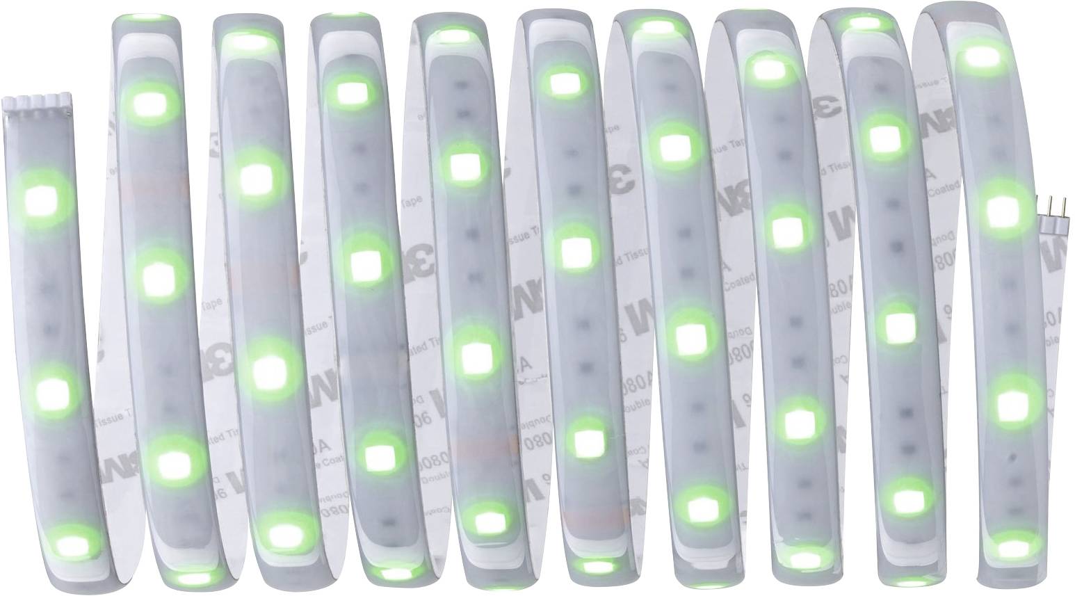 LED-lichtstrip met groen oplichtende dioden op witte achtergrond; toont een flexibele, meerkleurige lichtset.