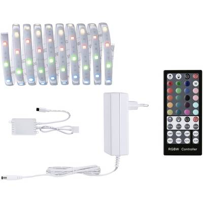LED-lichtstrip-set met afstandsbediening, voedingsadapter en verbindingskabel. Strips kunnen oplichten in verschillende kleuren: Rood, Groen, Blauw.