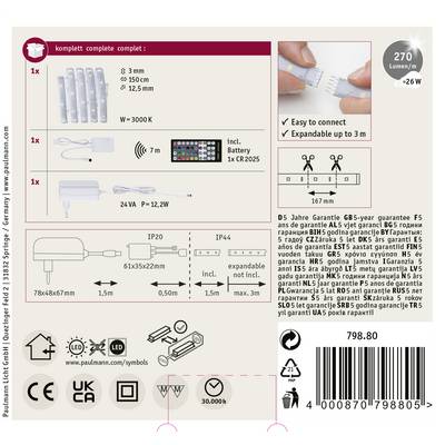 LED-lichtset met 6 strips, afstandsbediening, adapter en steeksysteem. Uitbreidbaar tot 3 m, 5 jaar garantie, 270 lumen.