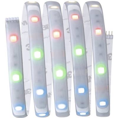 LED-lichtstrip met meerkleurige verlichting in rood, groen, blauw en wit, flexibel gebogen, op een transparante achtergrond.