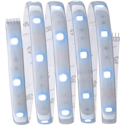 Een spiraalvormige LED-lichtbalk met blauwe en witte verlichting op een licht-transparente band, opgerold voor compacte weergave.