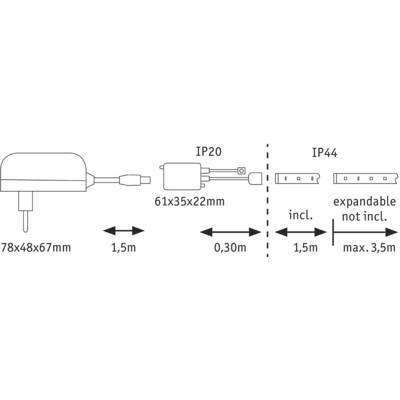 'Schema van de bekabeling van elektrische apparaten: IP20-stekker, 61x35x22mm, 0,30m kabel; naar IP44-apparaat, uitbreidbaar tot max. 3,5m, 78x48x67mm.'