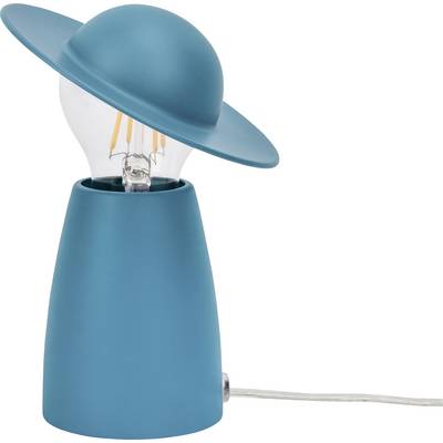 Een tafellamp in de vorm van een blauw UFO met een zichtbare gloeilamp die uit het midden steekt, op een witte achtergrond.