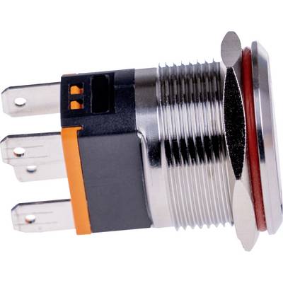 'Close-up van een ronde, metalen drukknop met een oranje en zwarte kunststof behuizing en drie aansluitpennen.'